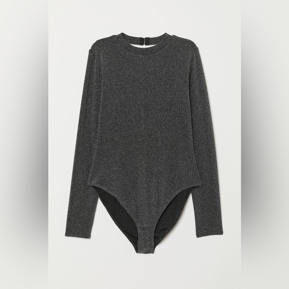 H&M Black Metallic Silver Mock Neck Open Back Long sleeve Bodysuit - Picture 1 of 4